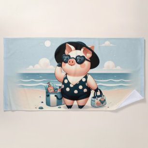 Cute Pig in Polka Dot Swimsuit at the Beach Beach Towel