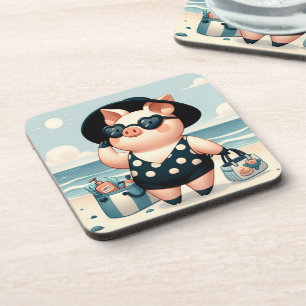 Cute Pig in Polka Dot Swimsuit at the Beach Coaster