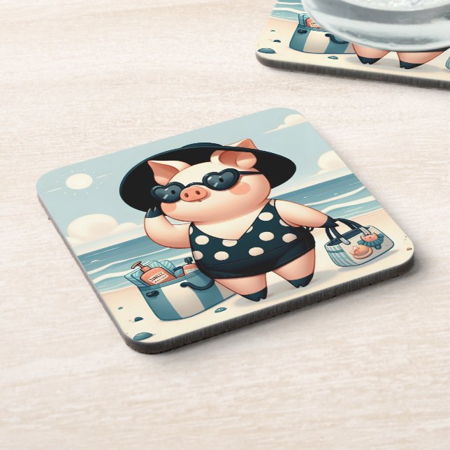 Cute Pig in Polka Dot Swimsuit at the Beach Coaster (Left Side)