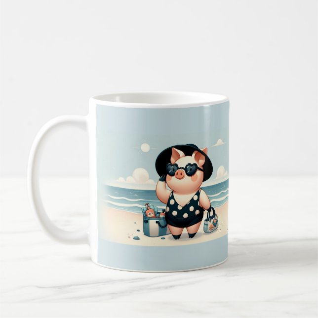 Cute Pig in Polka Dot Swimsuit at the Beach Coffee Mug (Left)