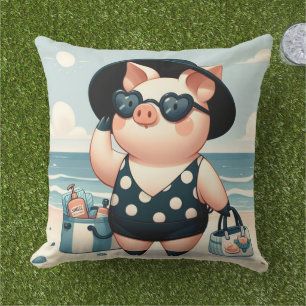 Cute Pig in Polka Dot Swimsuit at the Beach Cushion