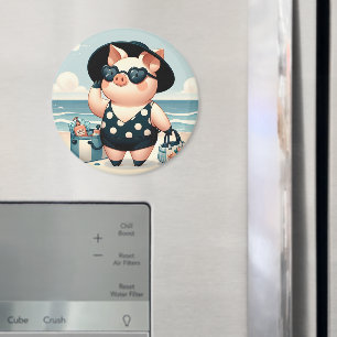 Cute Pig in Polka Dot Swimsuit at the Beach Magnet
