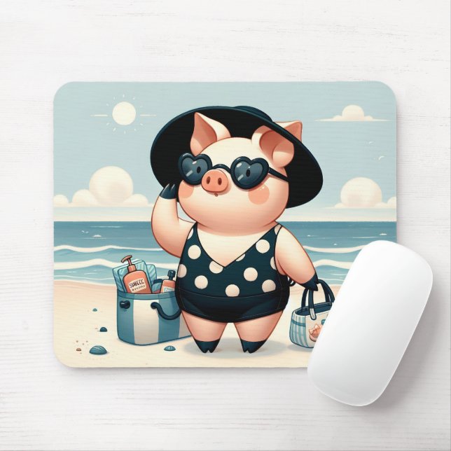 Cute Pig in Polka Dot Swimsuit at the Beach Mouse Pad (With Mouse)