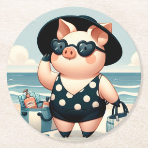 Cute Pig in Polka Dot Swimsuit at the Beach Round Paper Coaster