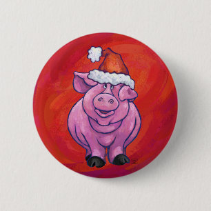 Cute Pig in Santa Hat on Red 6 Cm Round Badge