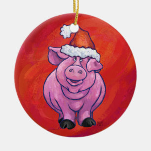 Cute Pig in Santa Hat on Red Ceramic Ornament
