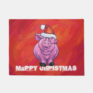 Cute Pig in Santa Hat on Red Doormat