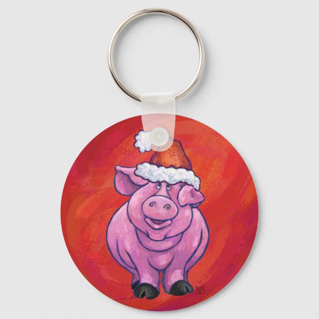 Cute Pig in Santa Hat on Red Key Ring (Front)