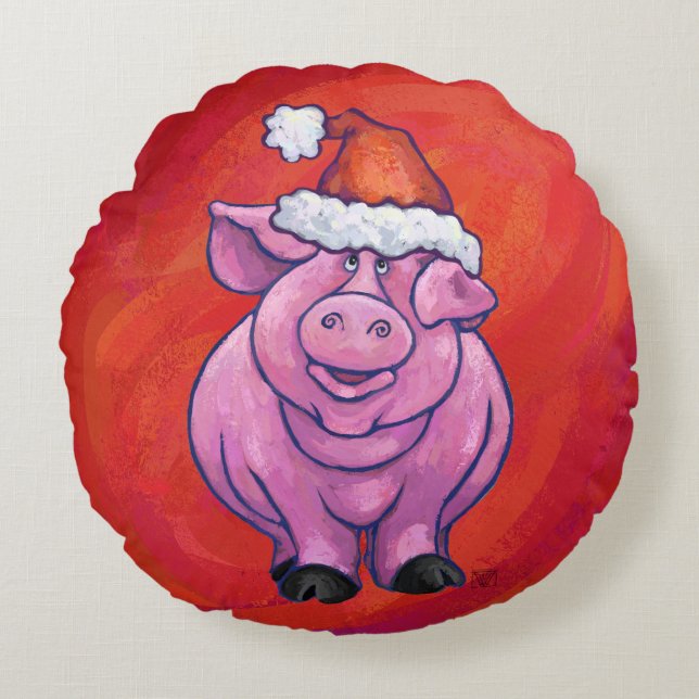 Cute Pig in Santa Hat on Red Round Cushion (Front)