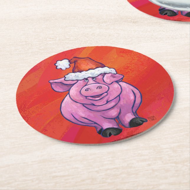 Cute Pig in Santa Hat on Red Round Paper Coaster (Angled)