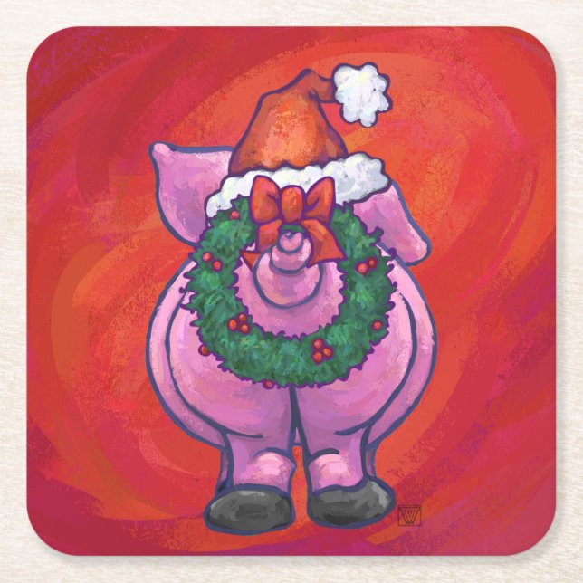 Cute Pig in Santa Hat on Red Square Paper Coaster (Front)