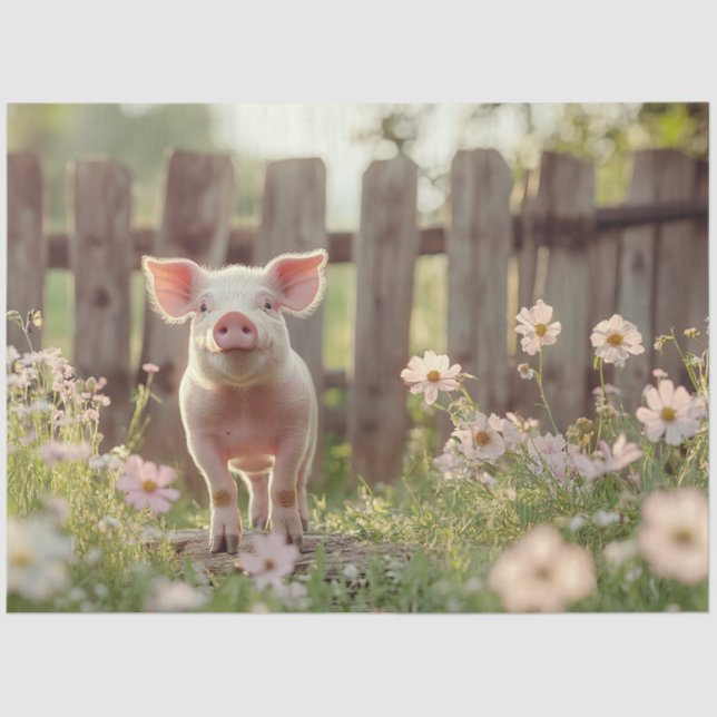 Cute Pig in the Flower Garden Decoupage Tissue Paper (Front)