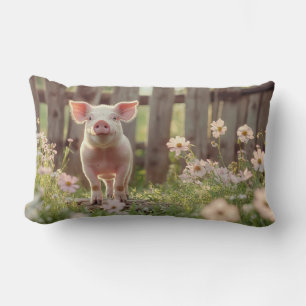 Cute Pig in the Flower Garden Lumbar Cushion
