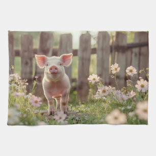 Cute Pig in the Flower Garden Tea Towel
