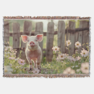 Cute Pig in the Flower Garden Throw Blanket