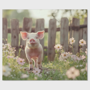 Cute Pig in the Flower Garden Wrapping Paper