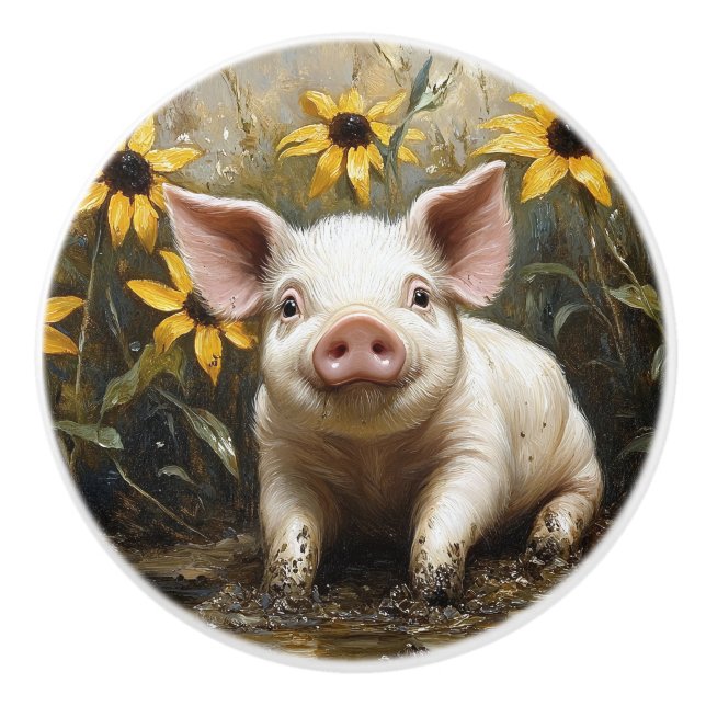 Cute Pig in the Mud Ceramic Knob (Front)