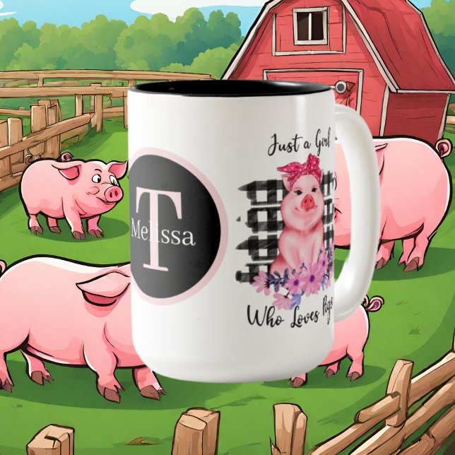 cute pig lovers girl add monogram Two-Tone coffee mug (Creator Uploaded)