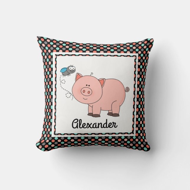 Cute pig on black w colours, personalise w Name Cushion (Front)