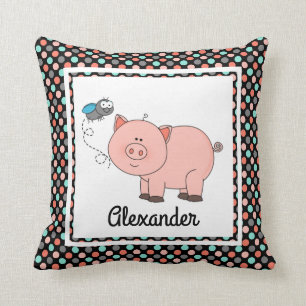 Cute pig on black w colours, personalise w Name Cushion