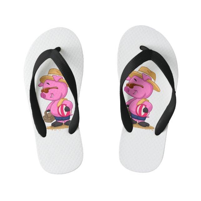 Cute pig on sand beach | choose background colour kid's thongs (Footbed)