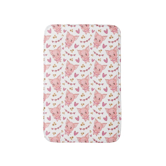 Cute Pig Pattern With Hearts Bath Mat (Front Vertical)