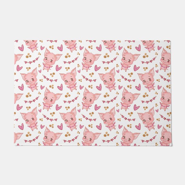 Cute Pig Pattern With Hearts Doormat (Front)