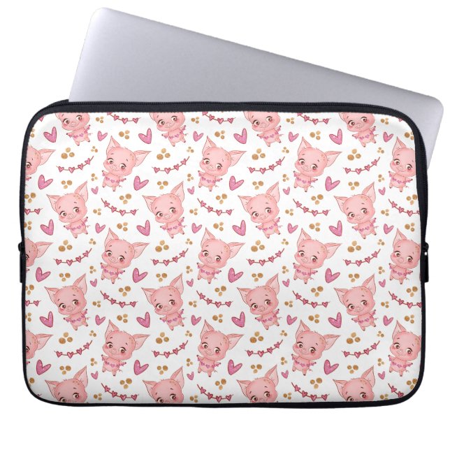 Cute Pig Pattern With Hearts Laptop Sleeve (Front)