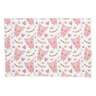 Cute Pig Pattern With Hearts Pillowcase