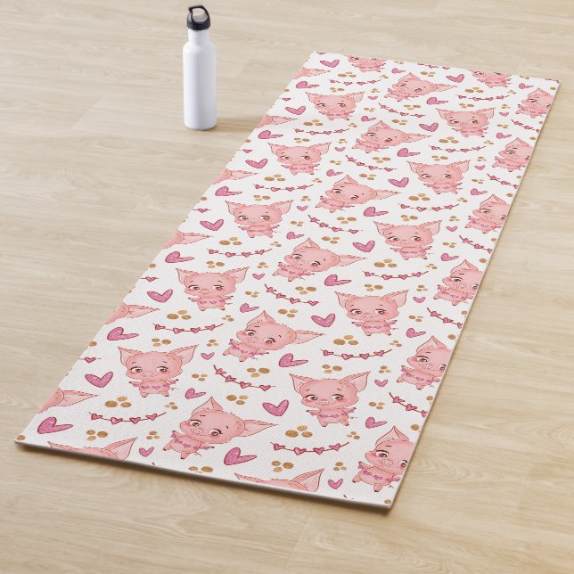 Cute Pig Pattern With Hearts Yoga Mat (In Situ)