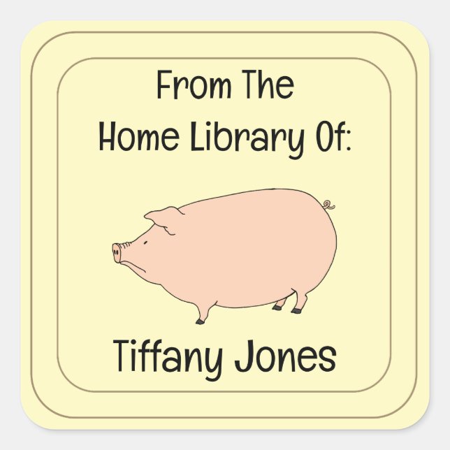 Cute Pig Personalised Bookplate Square Sticker (Front)