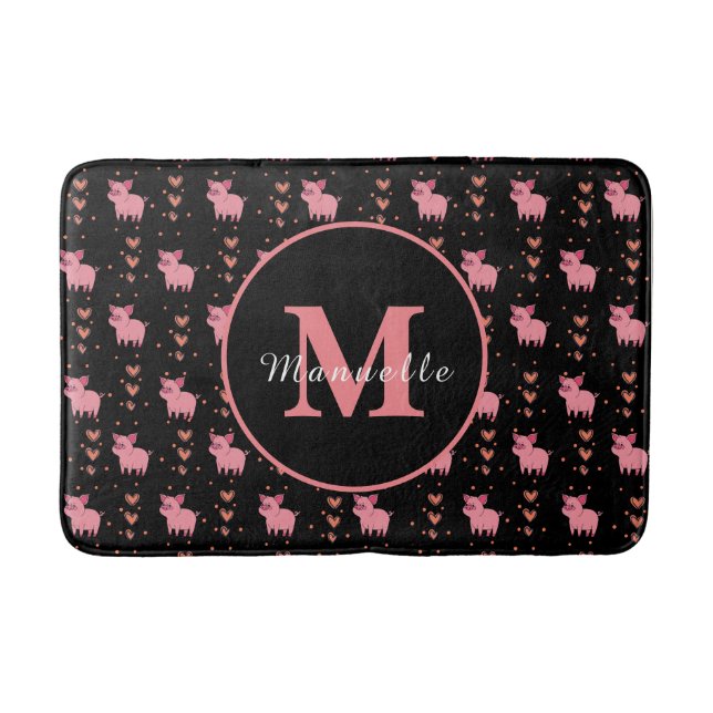 Cute Pig Piggy Monogram Personalised Kid Name Pink Bath Mat (Front)