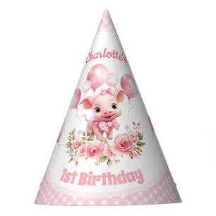 Cute Pig Pink Farm Girl 1st Birthday Party Hat