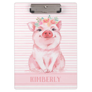 Cute Pig Pink Stripes Personalised Clipboard