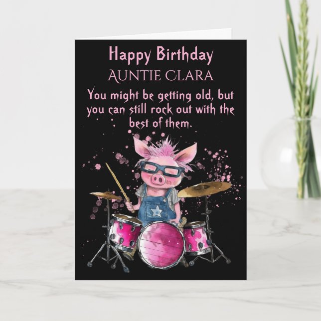 Cute Pig Playing Drums, 40th birthday card  (Front)