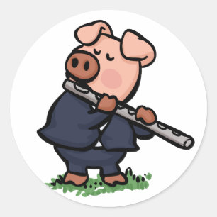 Cute Pig playing flute cartoon   choose back colou Classic Round Sticker