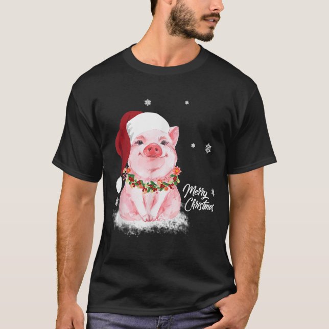 Cute Pig Santa Hat Merry Christmas Pig Lover Gifts T-Shirt (Front)