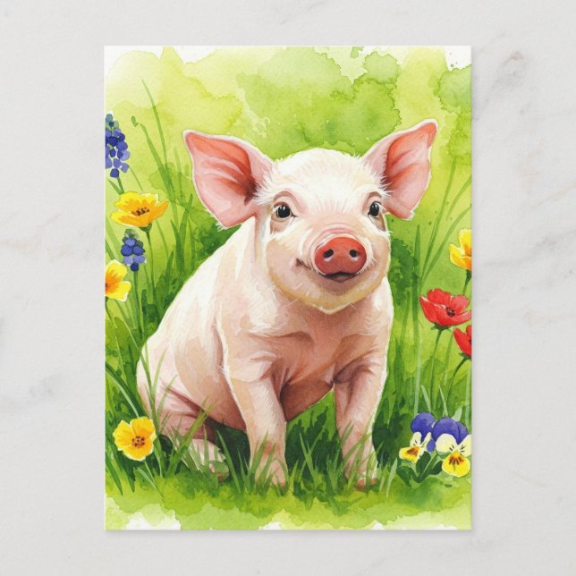 Cute Pig Spring Flowers Young Animals Postcard (Front)