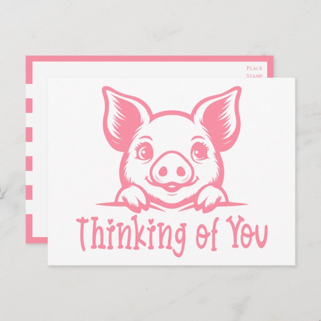 Cute Pig Thinking of You, Miss You, Pink Piglet Hi Postcard (Front/Back)