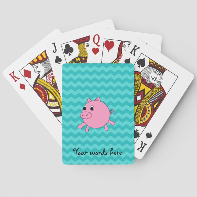 Cute pig turquoise chevrons playing cards (Back)