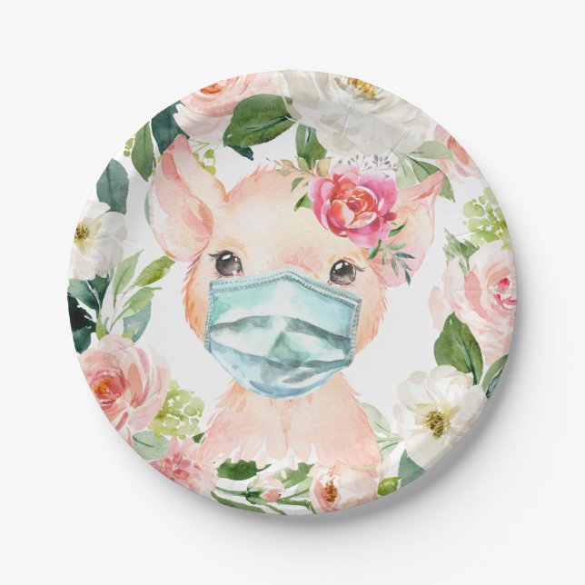 Cute Pig Wearing Protective Mask - Baby Shower Paper Plate (Front)