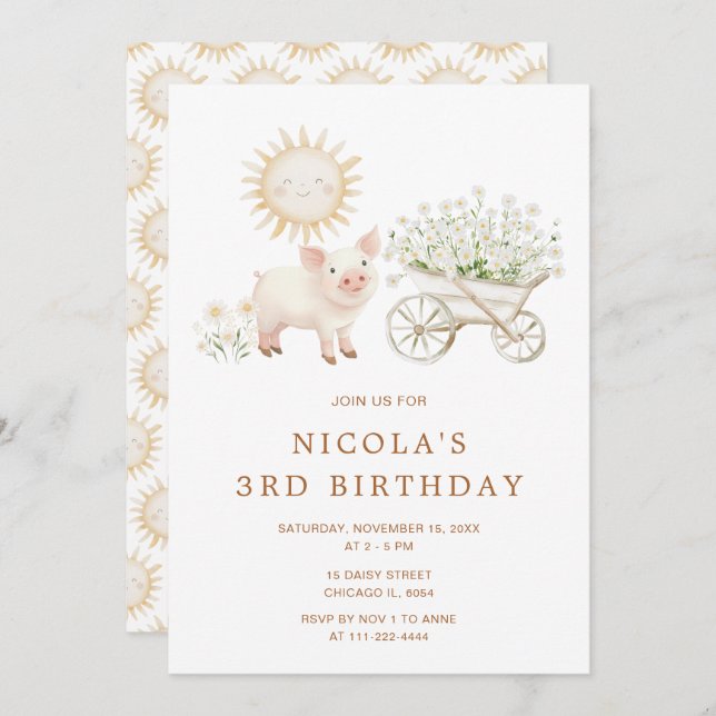Cute Pig Wheelbarrow Birthday Party Invitation (Front/Back)