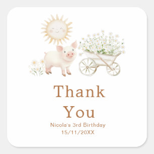 Cute Pig Wheelbarrow Birthday Party Square Sticker