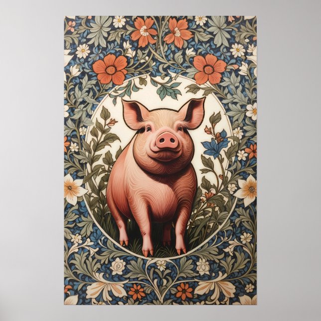 Cute Pig William Morris Inspired Poster (Front)