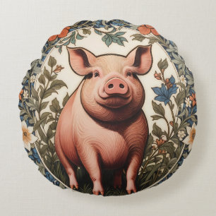 Cute Pig William Morris Inspired Round Cushion