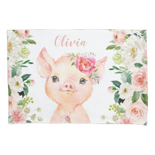 Cute Pig with Blush Pink Flowers Pillowcase