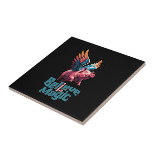 Cute Pig with Colourful wings Believe in Magic Ceramic Tile