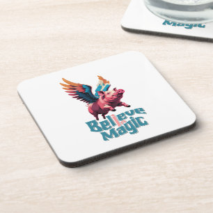 Cute Pig with Colourful wings Believe in Magic Coaster