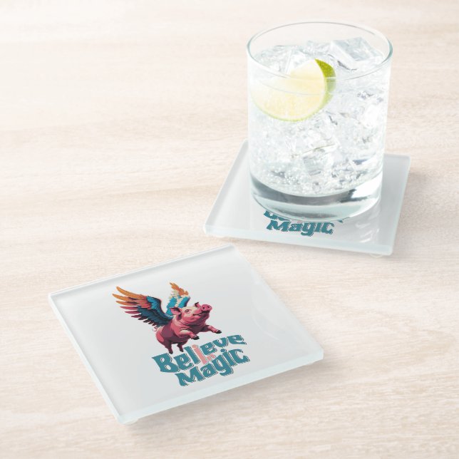 Cute Pig with Colourful wings | Believe in Magic  Glass Coaster (Angled)