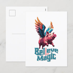 Cute Pig with Colourful wings Believe in Magic Holiday Postcard